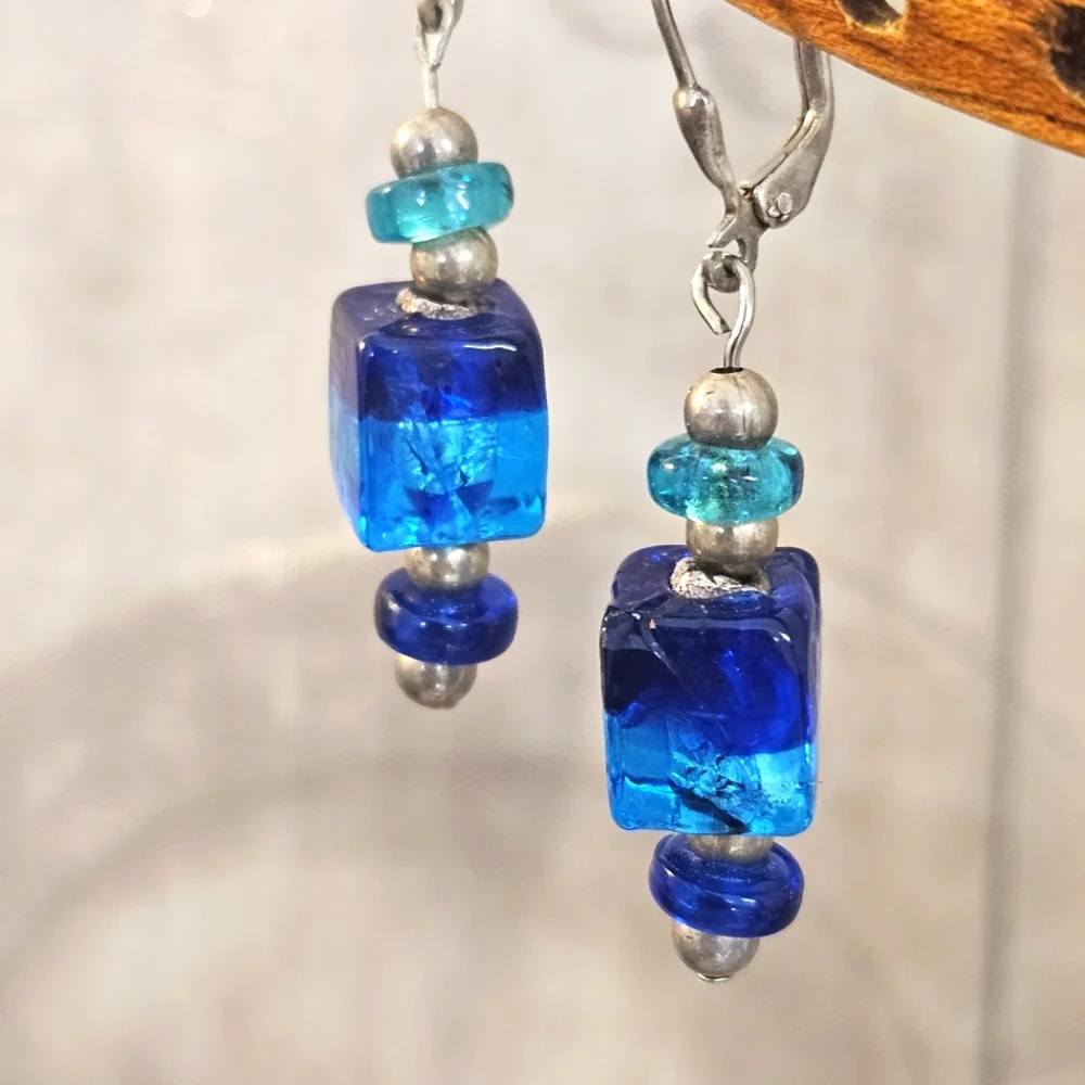 Glass Turquoise & Teal Beads Sterling Silver Dangle Lever Back Earrings